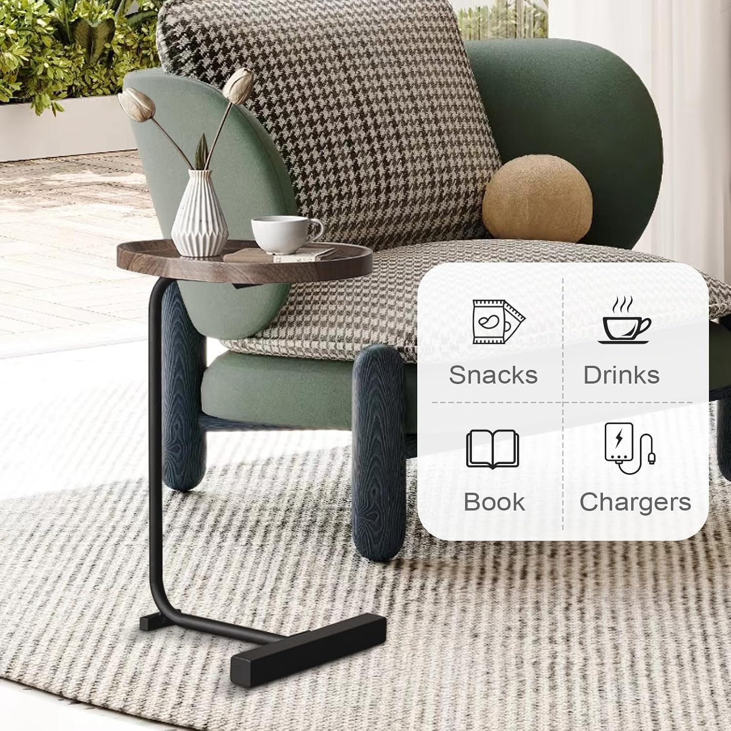 LUCKYERMORE C Shaped End Table,Sofa Side Table with Metal Base,Large Circular Tray Wood Top,Easy Install Heavy Duty Side Table,TV Tray for Couch Sofa,17.7 * 11.8 * 24.4inches