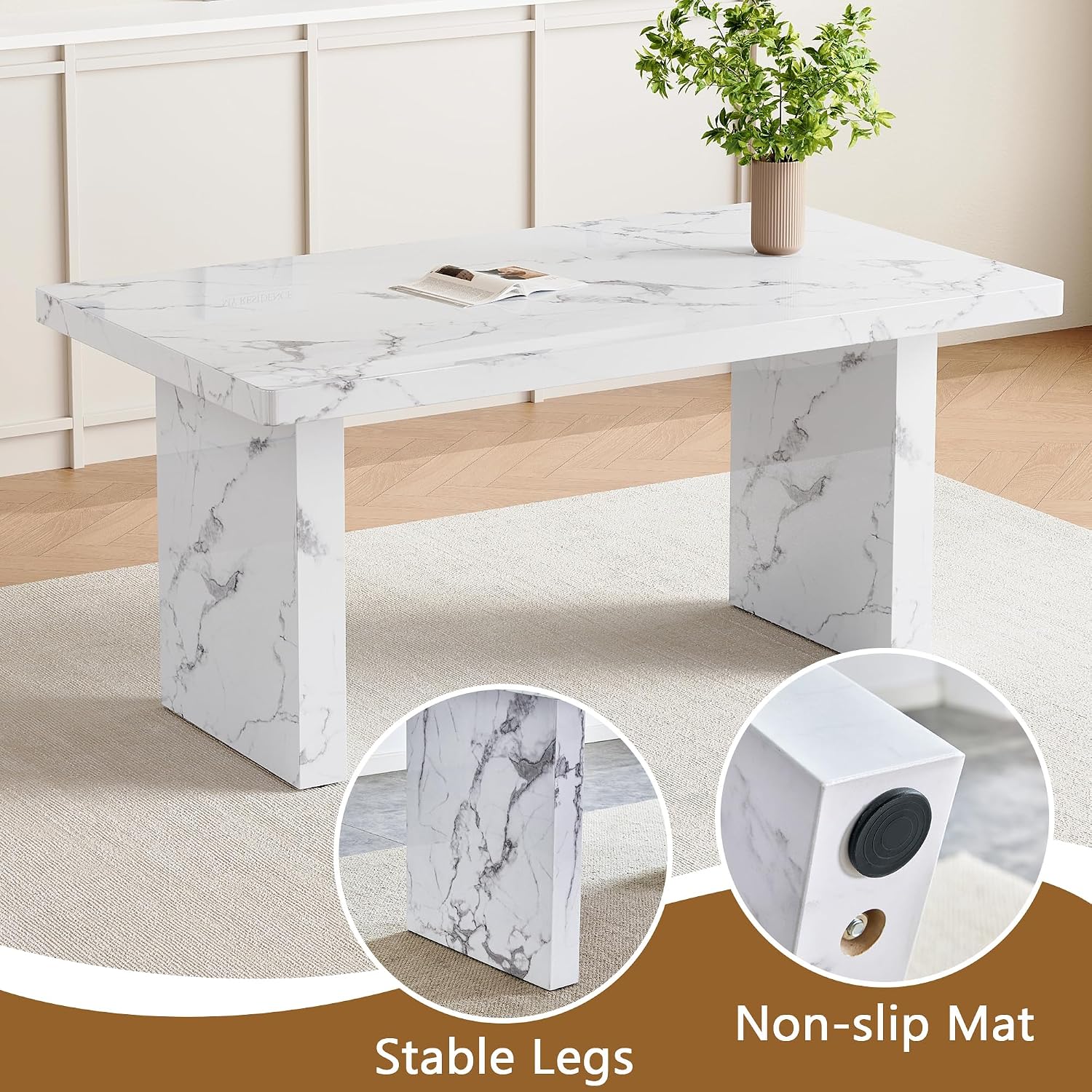 63" Dining Table Set for 6, White Faux Marble Dining Room Table and 6 PU Leather Chairs with Silver Metal Legs, Easy Assembly Kitchen Dining Set for Home, Apartment