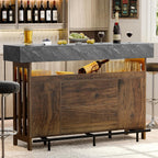 Loomie Bar Table Cabinet with Grey Marble Top & LED Lights & 2 Drawers, Home Bar Unit with Adjustable Shelf & Footrest, 41.3" Counter Height Pub Table, Wine Liquor Bar for Home Pub (Rustic Brown)