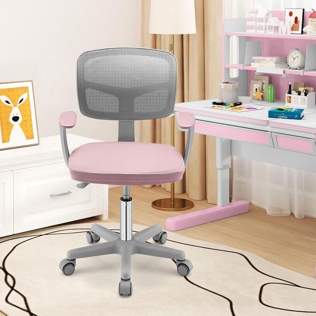 Giantex Kids Desk Chair, Ergonomic Adjustable Teen Task Chair w/Y-Shaped Lumbar Support, Armrest & Universal Wheels, Mesh Kid Office Chair for Sturdy, Kids Computer Chair for Boys & Girls 4-12, Pink