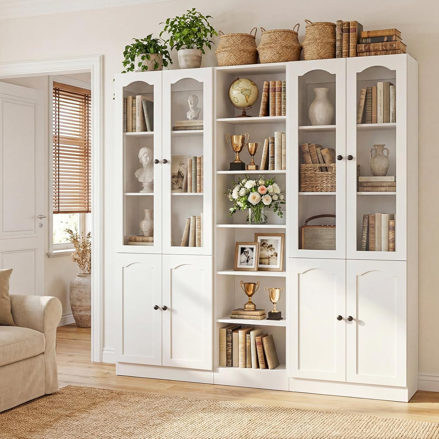 Cyclysio 80" Tall Pantry Cabinet Set of 3, Large Kitchen Storage Cabinet with Arched Glass Doors and Open Shelves, White Kitchen Pantry with 3.15" Baseboard Cutout for Living Room, Dining Room