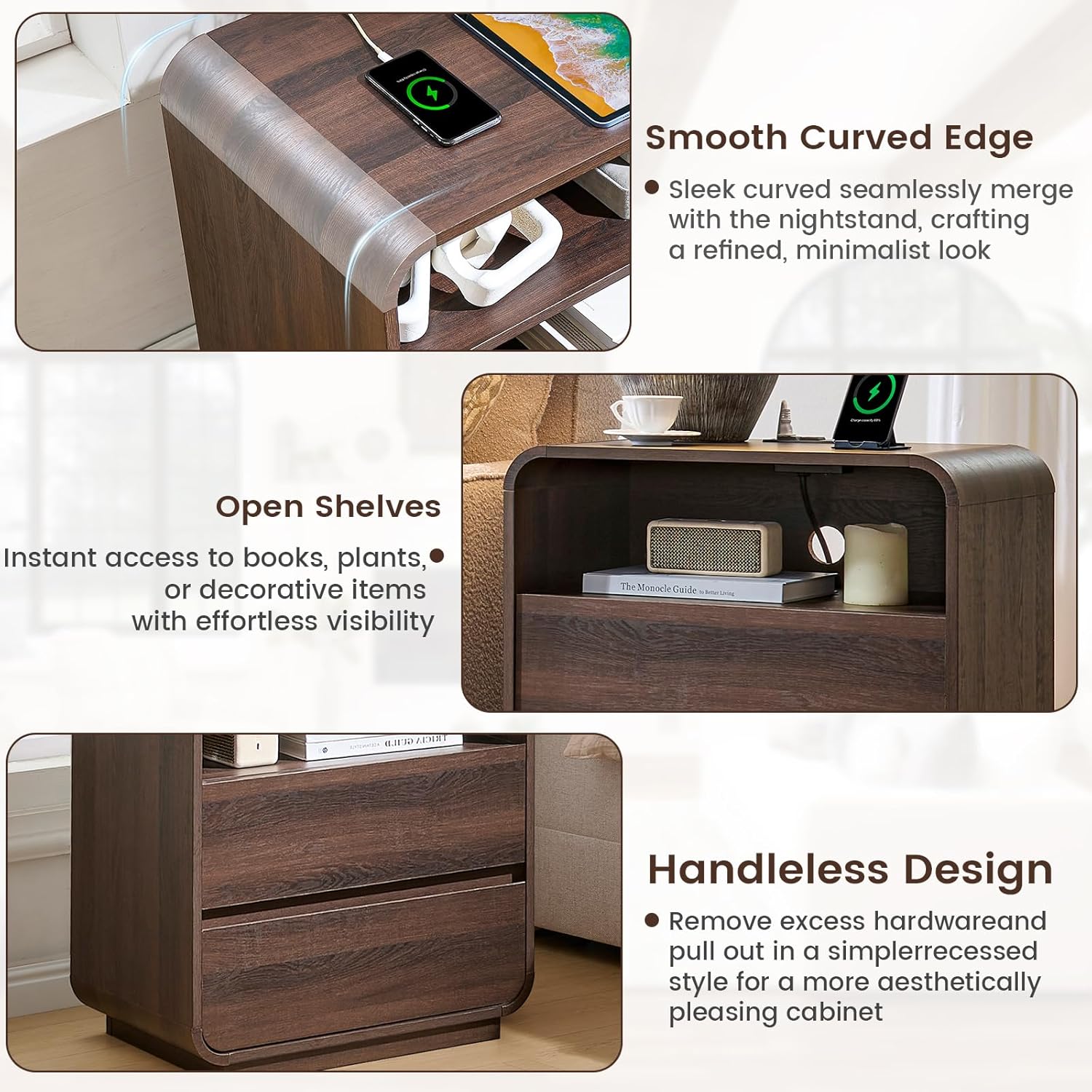 Standifurno Modern Walnut Nightstand, 25" Tall Wooden Bedside Table with Charging Station, 2 Storage Drawers Side Table Curved Profile, Handleless, Large End Table Night Stand for Bedroom, Office