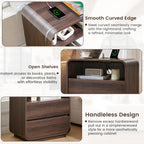 Standifurno Modern Nightstand Set of 2, 23.2" Wide Wood Bedside Table with Charging Station, 2 Storage Drawers Side Table Curved Profile, Handleless, Large End Table Night Stand for Bedroom, Walnut