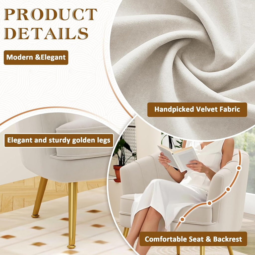 Andeworld Velvet Accent Chair Set of 2, Upholstered Modern Single Sofa Side Chair,Comfy Barrel Club Living Room Armchair with Golden Metal Legs for Bedroom Living Reading Room Office, Beige