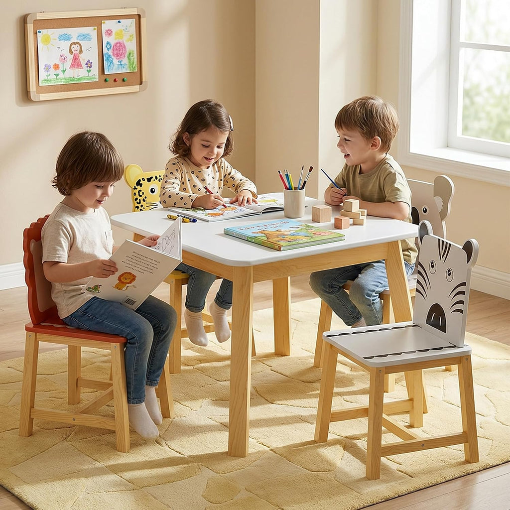 Kids Table and 4 Chairs, Wooden Stable Table and Chair Set (Elephant&Leopard&Lion&Zebra), Ideal for Arts & Crafts, Snack Time, Homeschooling, Homework & More