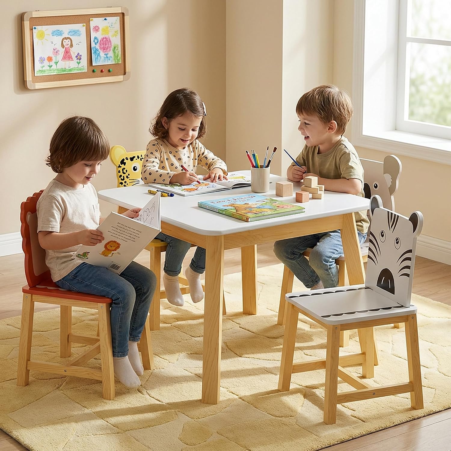 Kids Table and 4 Chairs, Wooden Stable Table and Chair Set (Elephant&Leopard&Lion&Zebra), Ideal for Arts & Crafts, Snack Time, Homeschooling, Homework & More
