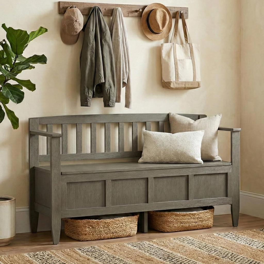 SIMPLIHOME Brooklyn Entryway Storage Bench - 48 inch Wide Solid Wood Storage Seat in Aged Grey, Contemporary Bench for Entryway or Living Room with Lift-Up Lid and Slatted Backrest