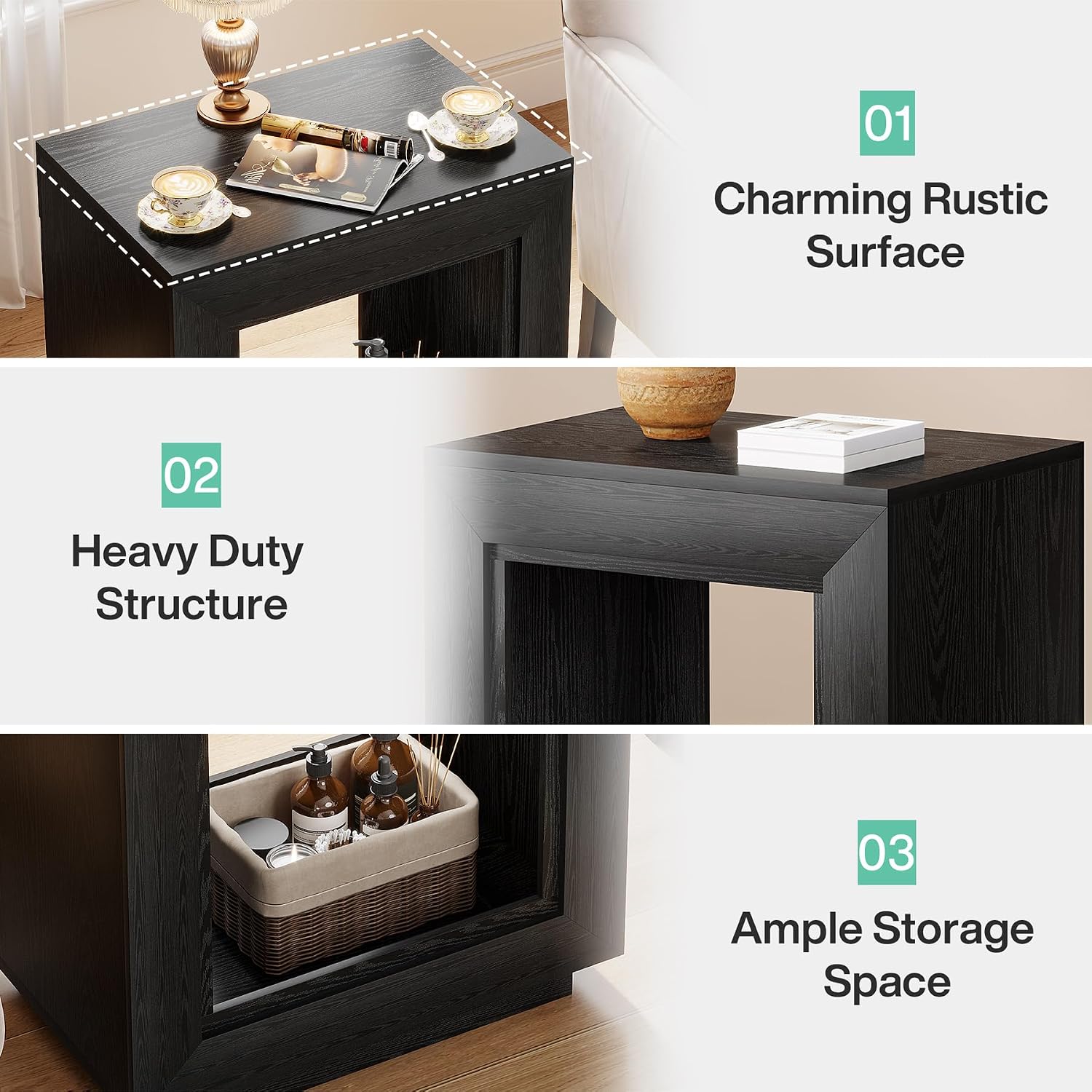 Tribesigns Rustic Wood End Table, 2 Tiered Square Side Table with Storage Shelf, Industrial Sofa Side Table for Living Room, Entrance (2, Black)