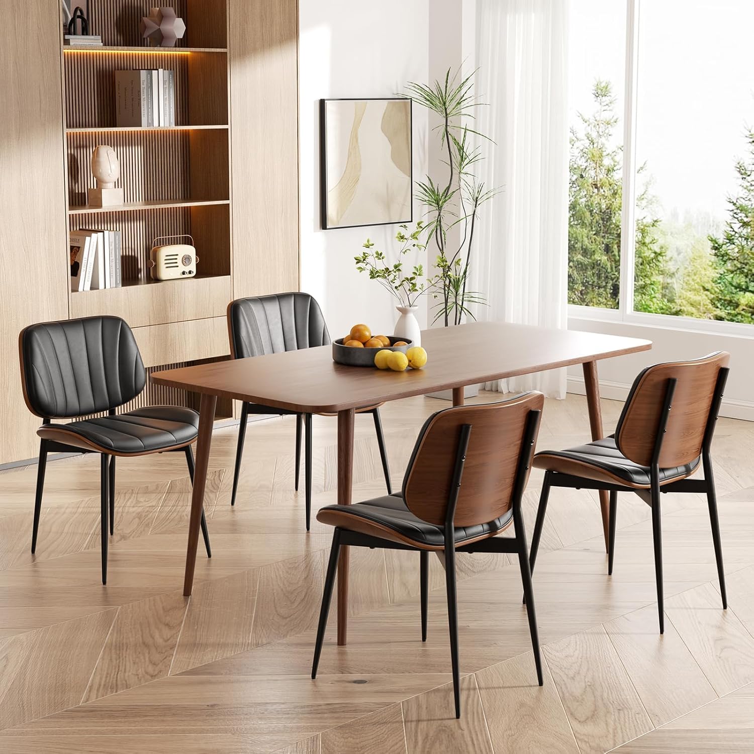 Dining Chairs Set of 4, Mid Century Modern Dining Room Chairs, Upholstered Faux Leather Kitchen Chairs with Walnut Bentwood Back and Metal Legs for Kitchen Dining Room Living Room, PU Black