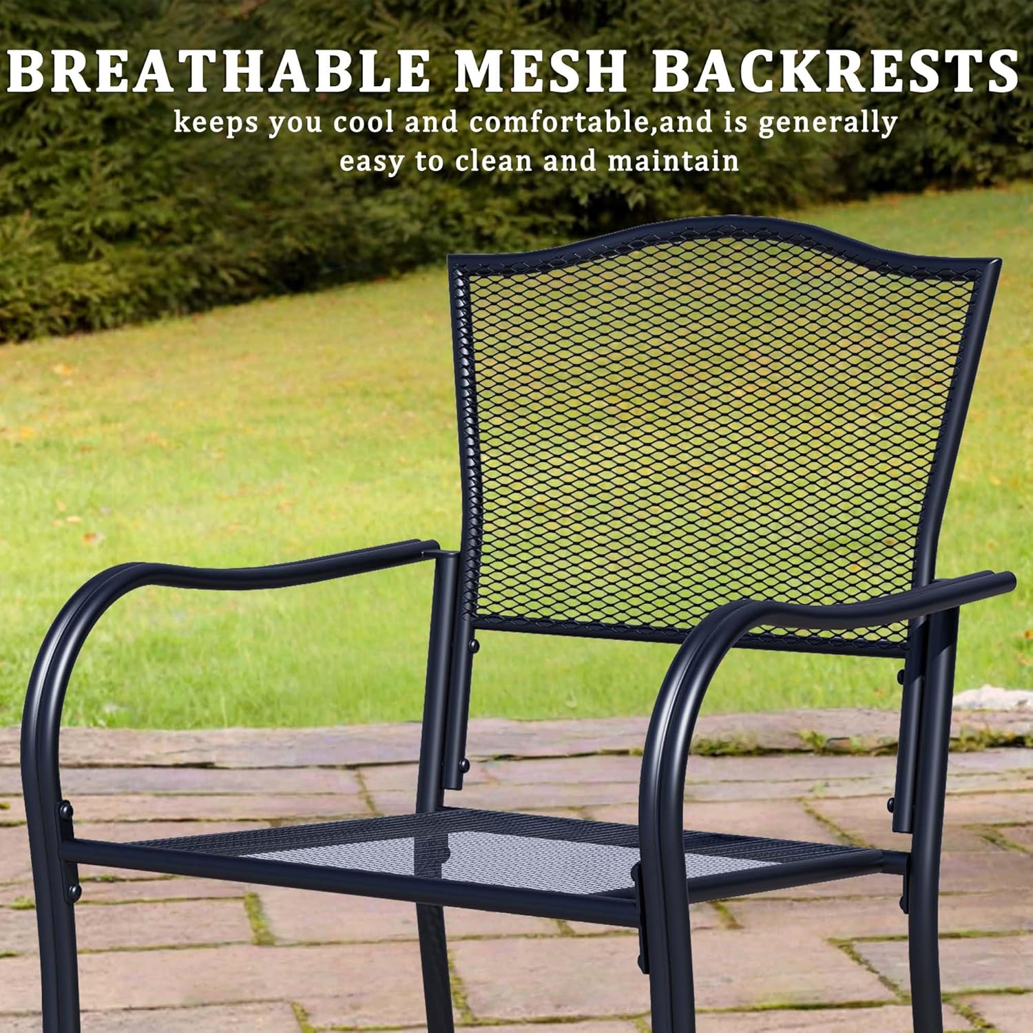 Outdoor Metal Patio Chairs Set of 2, Stackable Iron Mesh Dining Chairs with Armrests, All-Weather Bistro Chairs for Garden, Backyard, Porch, or Balcony