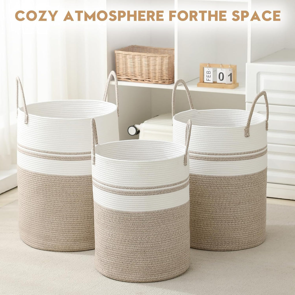 Laundry Basket Hamper Tall Rope Storage Woven for Blanket toys Dirty Clothes in Living Room Bathroom Bedroom (Brown&White, 60L/15.8Gal)