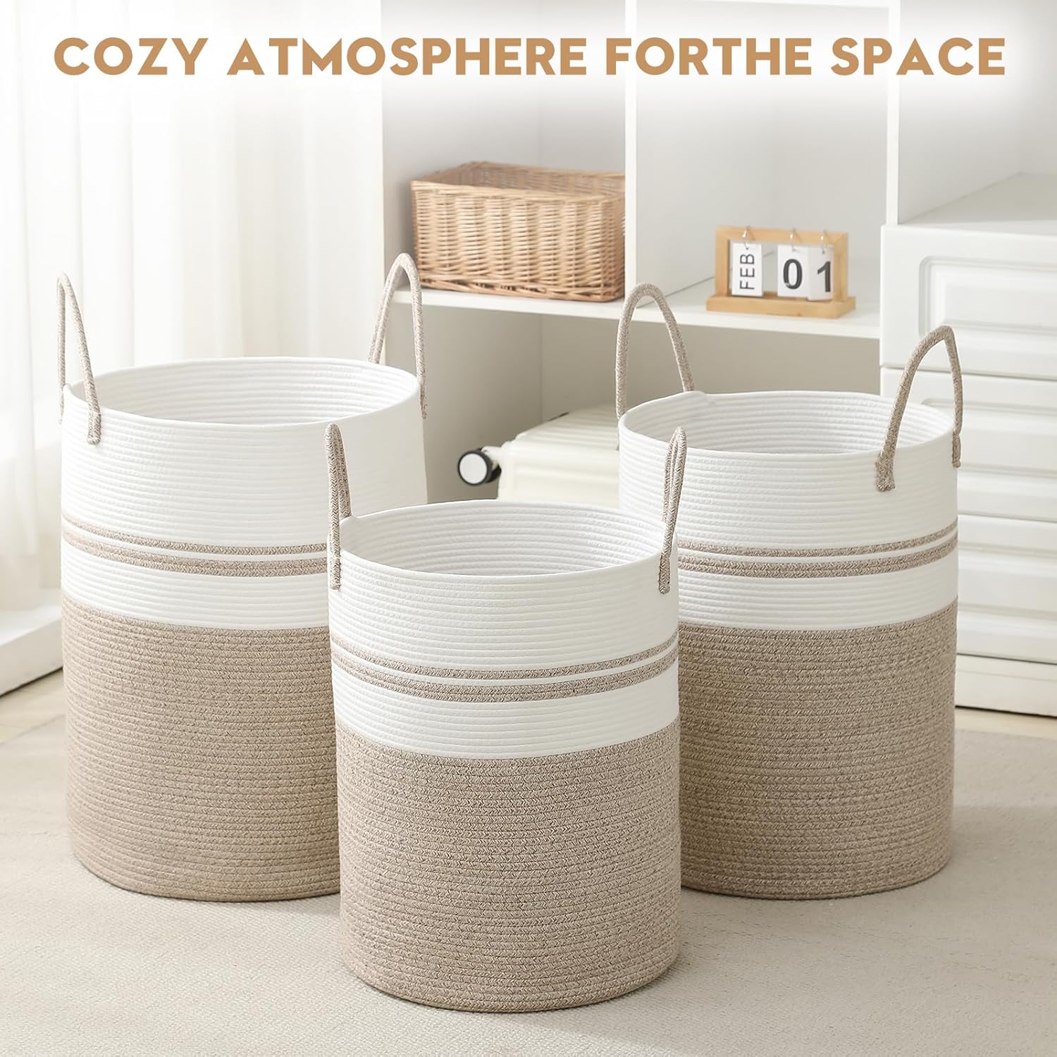 Laundry Basket Hamper Tall Rope Storage Woven for Blanket toys Dirty Clothes in Living Room Bathroom Bedroom (Brown&White, 60L/15.8Gal)