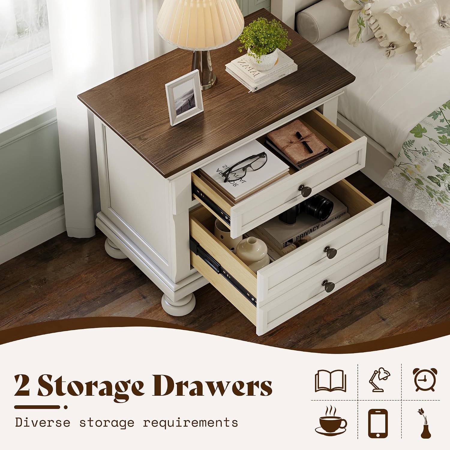 AMERLIFE Fully Assembled Nightstands Set of 2, Solid Wood End Tables | 26" Extra Large Beside Table with 2 Storage Drawers, Traditional Bedside Cabinet for Bedroom, White