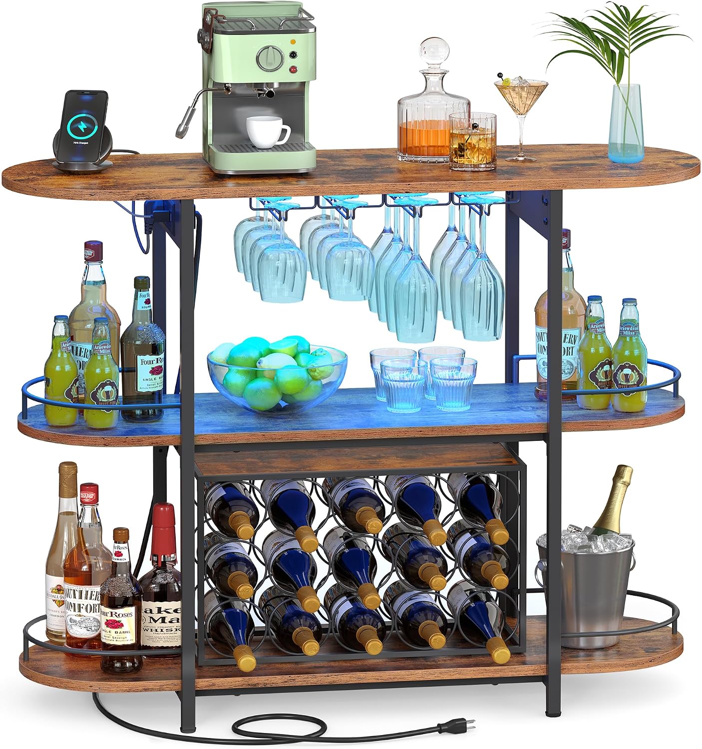 VASAGLE Bar Cabinet with LED Lights and Power Outlets, Freestanding Coffee Bar Wine Cabinet, Wine Rack, Glass Holder, Mini Bar for Liquor and Glasses, Kitchen, Dining Room, Rustic Brown ULWR007K01S