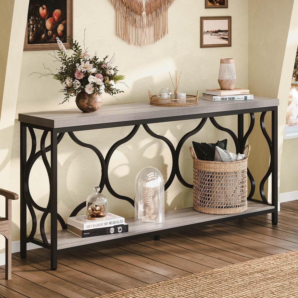 IBF Narrow extra long Sofa Console Table, 63 Inch Modern Entryway Table Behind Couch with Storage shelf, 2-Tier Industrial Wooden Metal Hallway Accent Sofa Tables for Living Room Foyer, Light Grey Oak