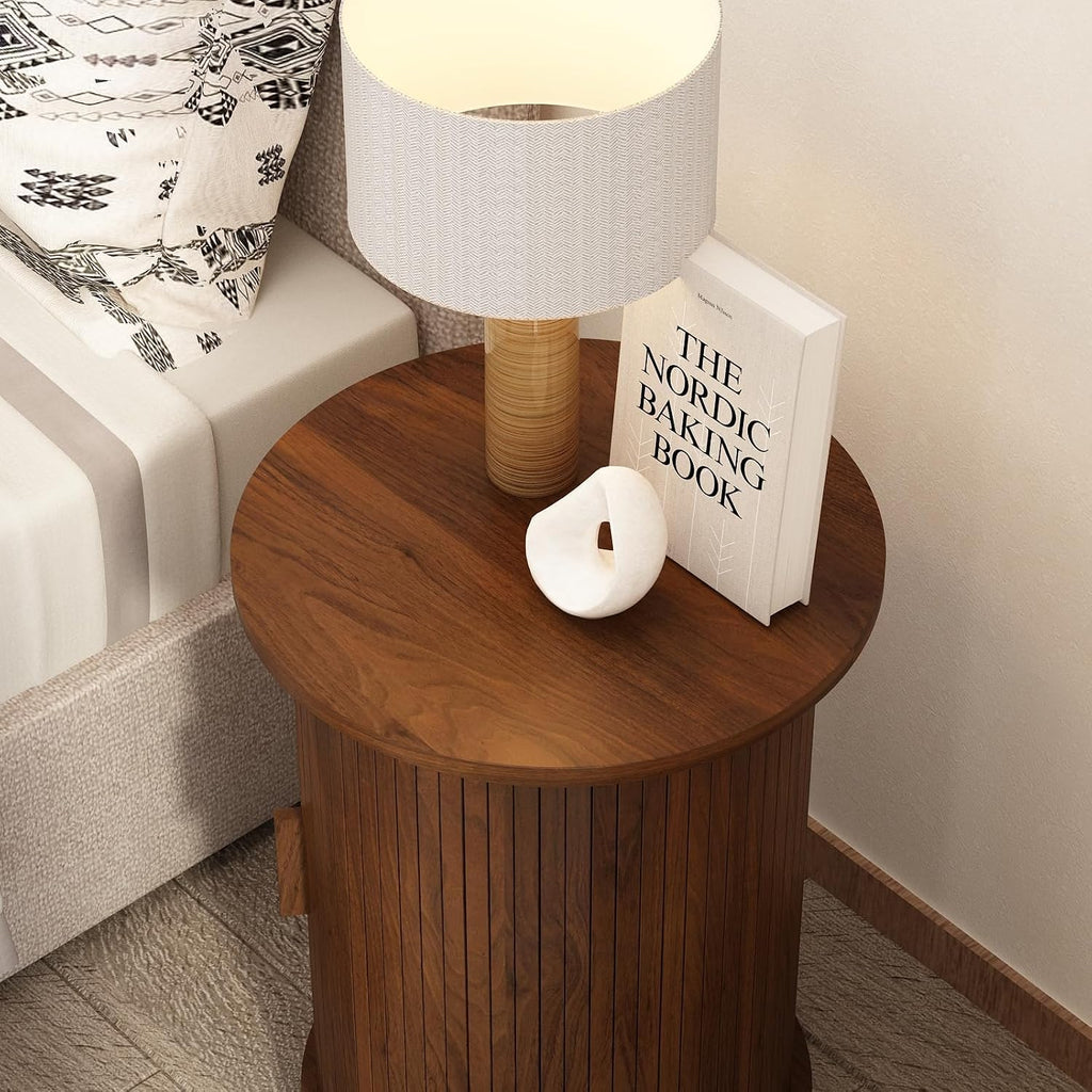 Wnutrees Round Fluted End Table, Small Accent Pedestal Side Table with Sliding Door & 2 Tier Storage Shelf, Wood Fluted Nightstand Bedside Table for Living Room, Bedroom, Brown