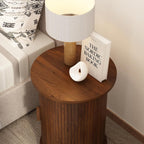 Wnutrees Round Fluted End Table, Small Accent Pedestal Side Table with Sliding Door & 2 Tier Storage Shelf, Wood Fluted Nightstand Bedside Table for Living Room, Bedroom, Brown