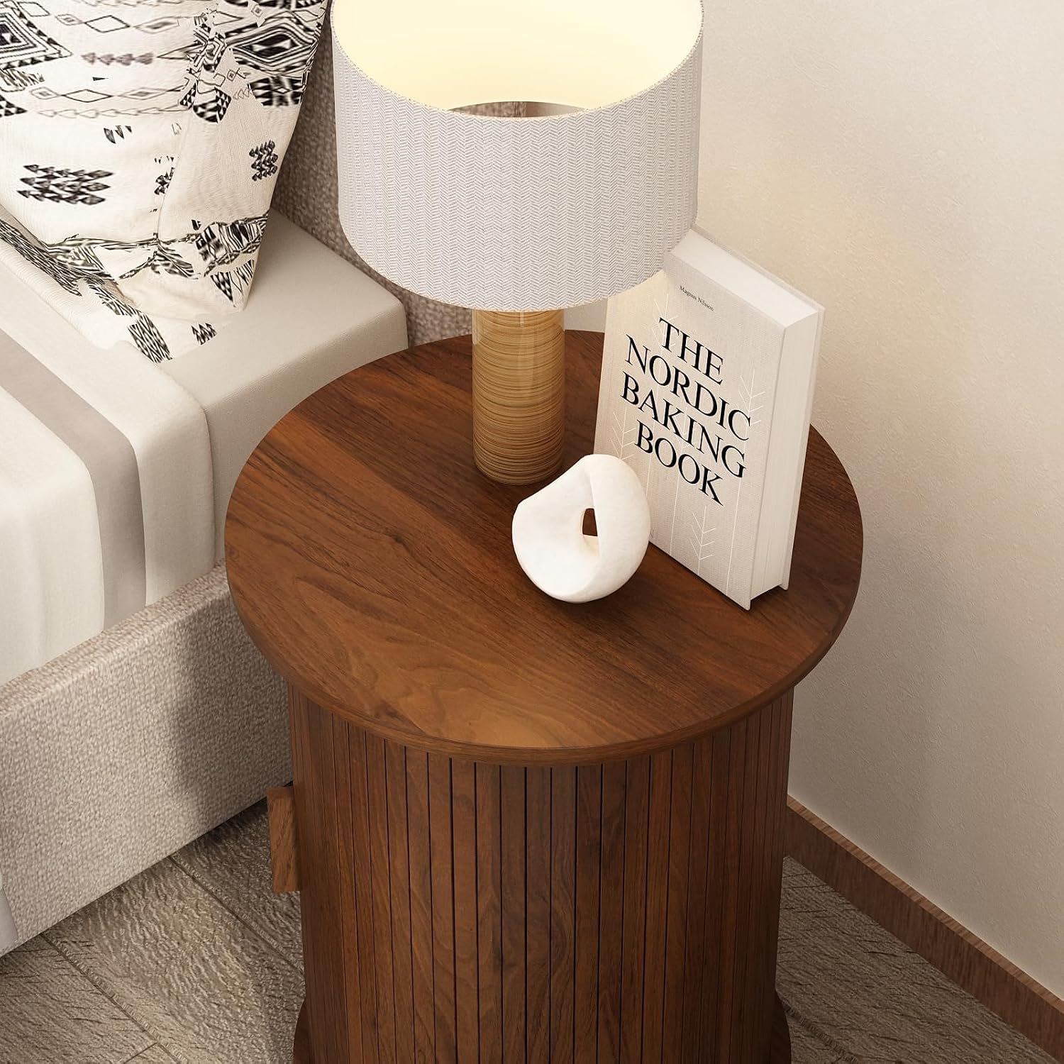 Wnutrees Round Fluted End Table, Small Accent Pedestal Side Table with Sliding Door & 2 Tier Storage Shelf, Wood Fluted Nightstand Bedside Table for Living Room, Bedroom, Brown