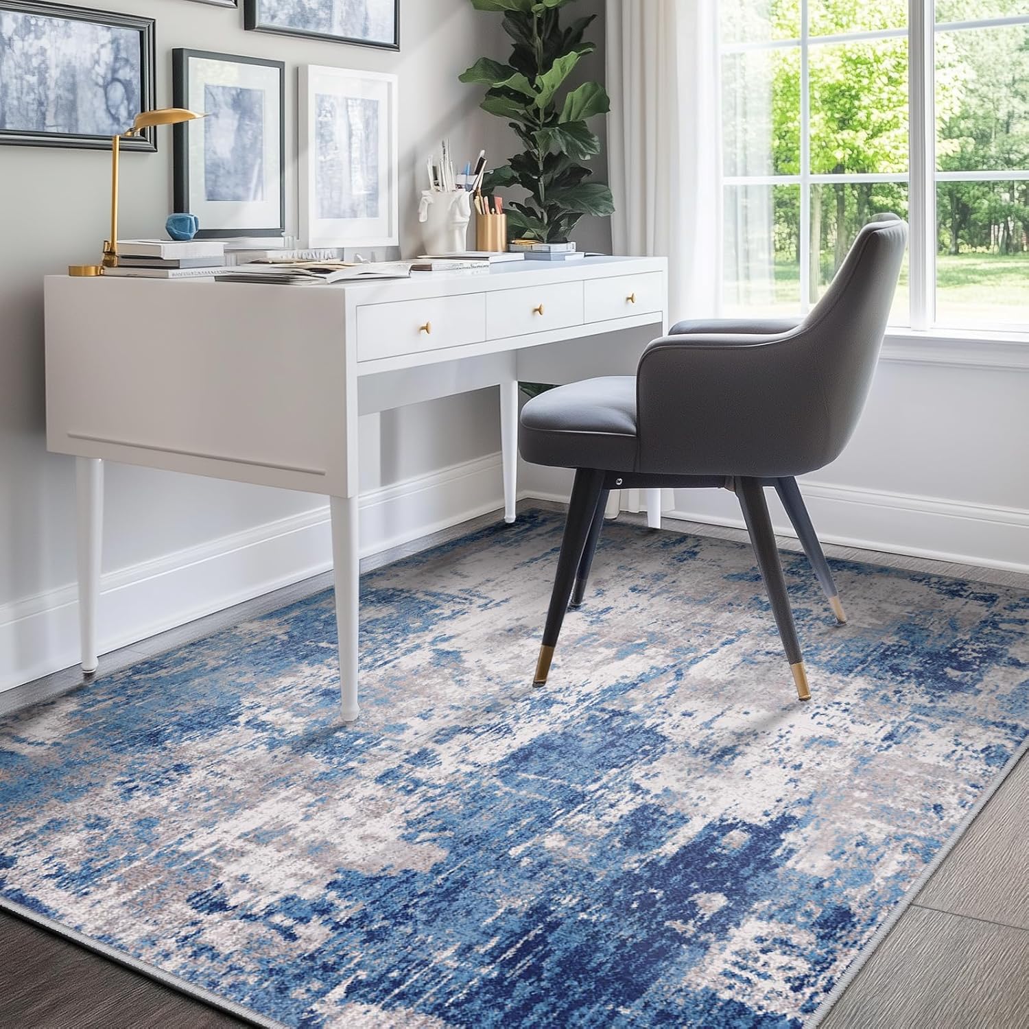 RELEANY Washable Area Rugs 5'x7' Non-Slip Modern Abstract Soft for Living Room Entryway Bedroom Kitchen, Print Pattern, Blue Grey Navy Gray