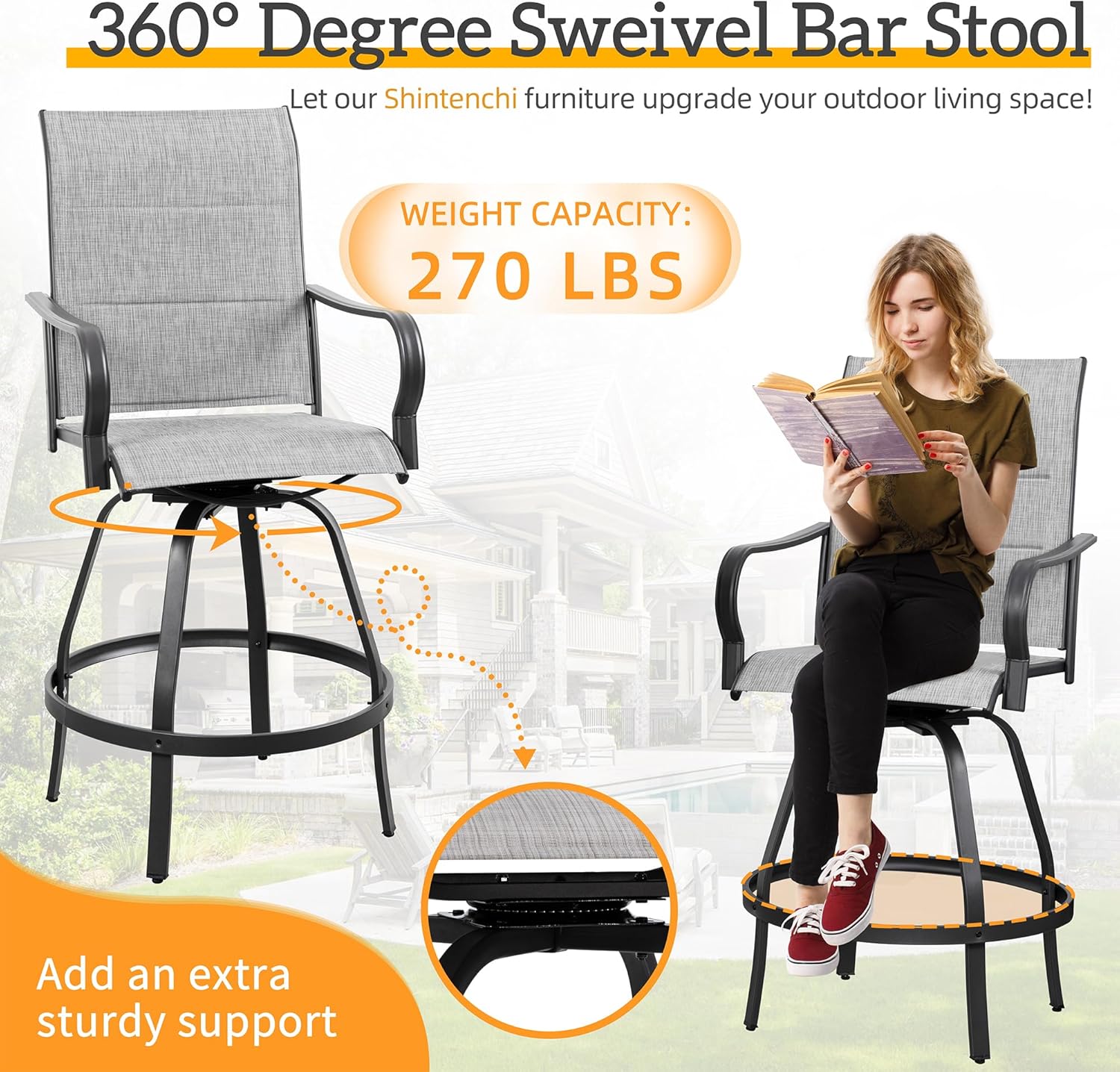 Shintenchi 4 Piece Patio Swivel Bar Chairs, All Weather Padded Textile Outdoor Metal Bar Stools Patio Chairs Set of 4, High Top Bistro Set Furniture for Balcony, Backyard, Lawn Garden, Deck,Light Grey