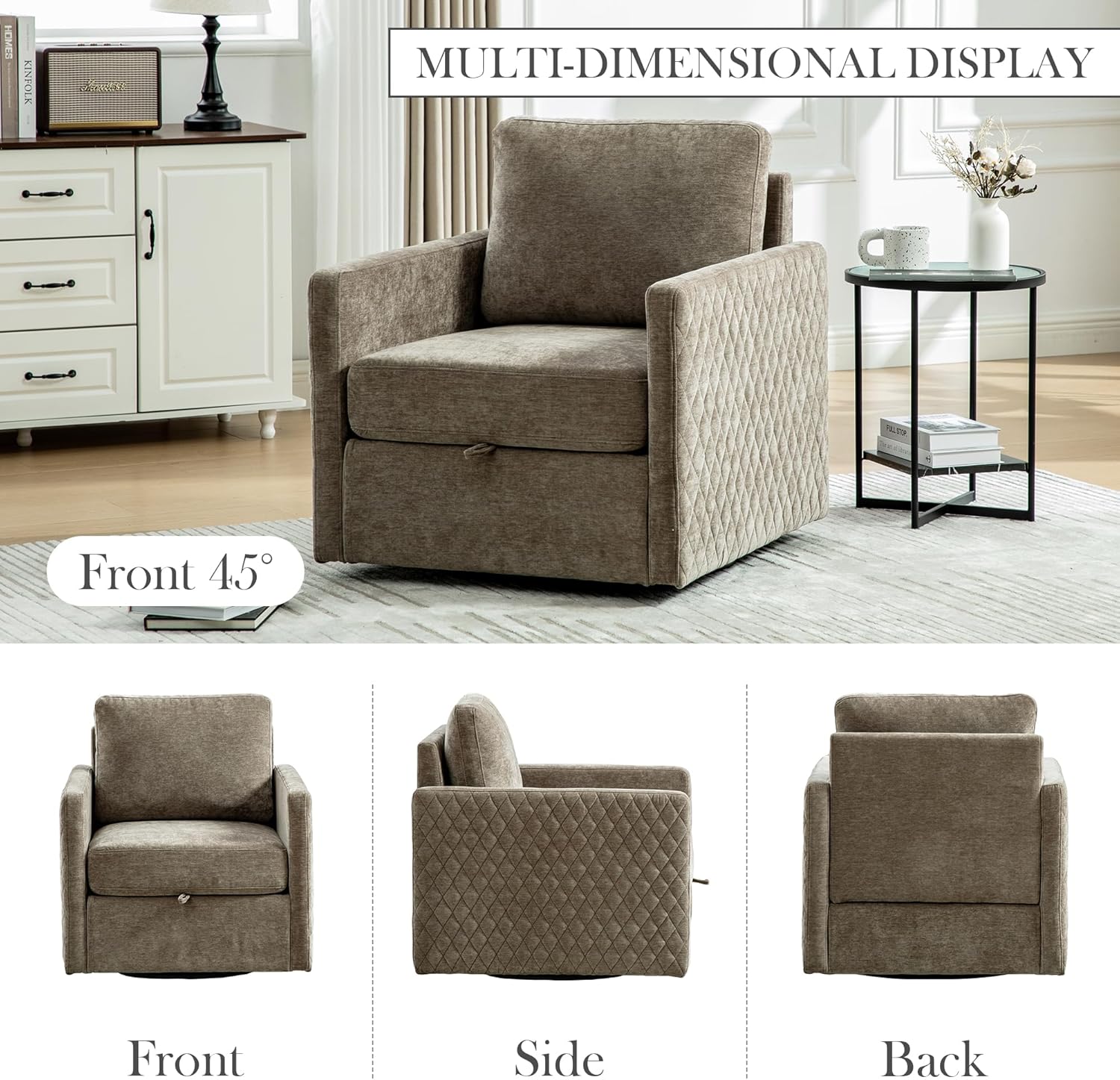 Aoiy & Wifon 29.5''W Swivel Accent Chair, Comfy Modern Square Arm Chair with Hidden Storage for Living Room/Bedroom/Office, Chenille, Taupe