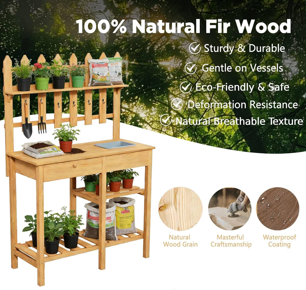Outdoor Potting Bench, Wooden Potting Table with Built-in Sink, Drawer, Hooks & Storage Shelves – Large Gardening Bench for Outside Garden Workstation, Backyard Patio Balcony, Brown