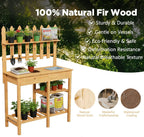 Outdoor Potting Bench, Wooden Potting Table with Built-in Sink, Drawer, Hooks & Storage Shelves – Large Gardening Bench for Outside Garden Workstation, Backyard Patio Balcony, Brown