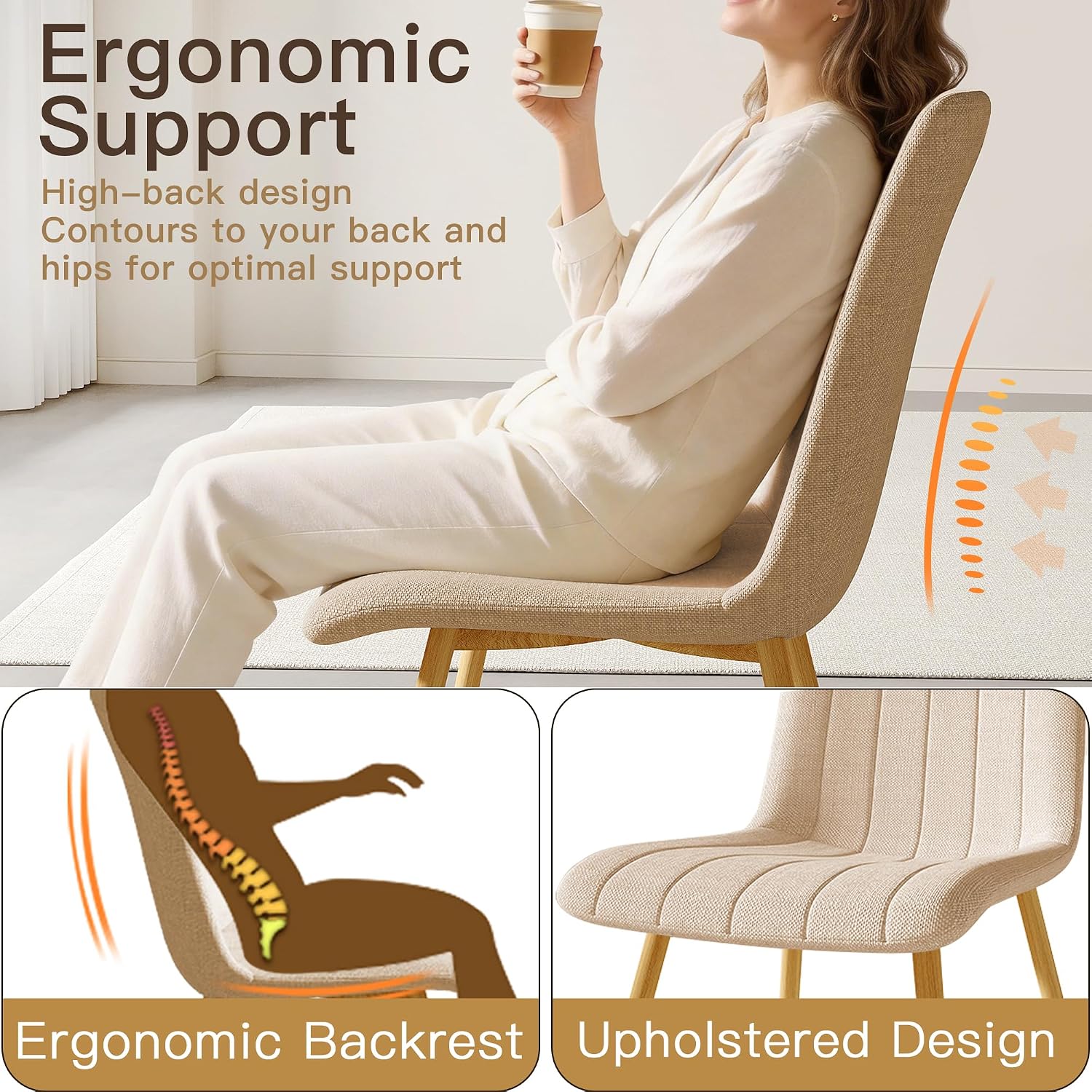 High Back Upholstered Dining Chairs Set of 4, Beige | Breathable Linen Fabric, Sturdy Metal Frame, Modern Dining Chairs for Kitchen Dining Room & Cafe, 300lbs Capacity, Save-space