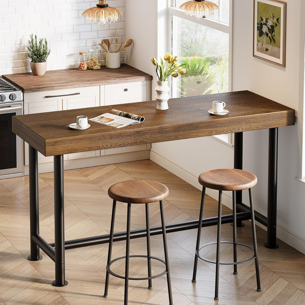 63" Solid Wood Bar Table, Long Counter Height Pub Top Table, Narrow Dining Breakfast Bar Units with Metal Sturdy Legs for Home Kitchen, Living Room, Bistro, Easy to Assemble
