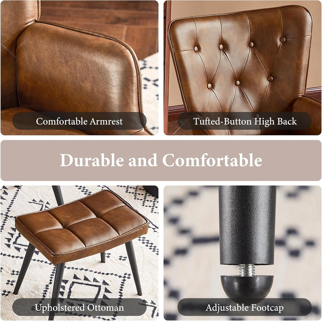 Furniliving PU Leather Accent Chair with Ottoman, Upholstered Reading Chair with High Backrest, Tufted-Button Wingback Armchair for Bedroom, Dressing Room, Home Office, Brown