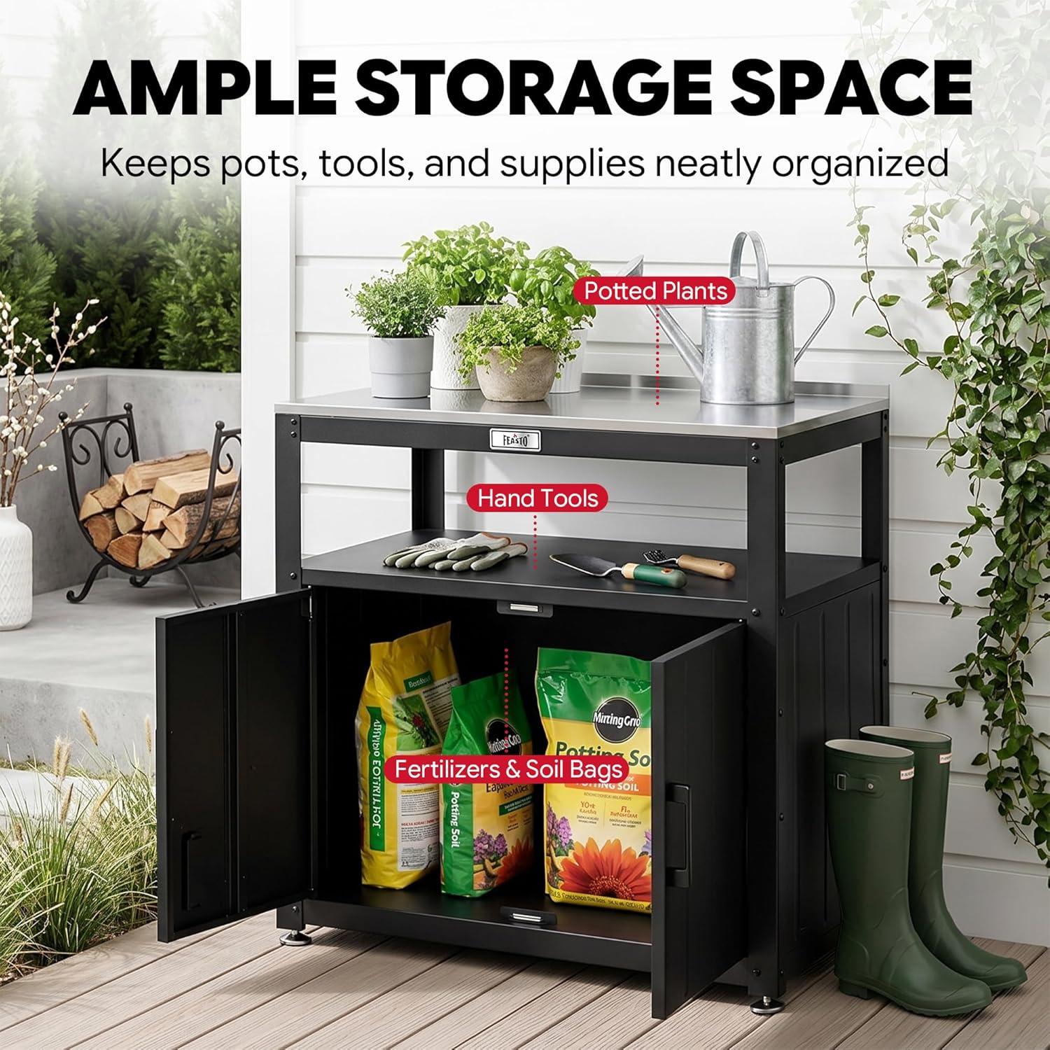 Feasto Outdoor Potting Bench with Storage Cabinet, Garden Work Bench & Potting Table, Stainless Steel Tabletop Potting Station for Patio Lawn Greenhouse Gardening