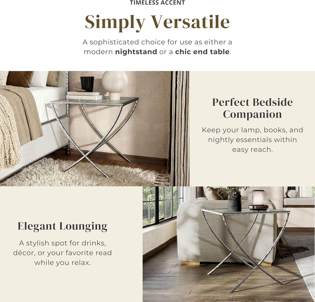 Furniture of America Zayen Glam 22-inch Metal Side Table with Tempered Glass Tabletop and Curved Base, Hammered Stainless Steel Frame for Bedroom, Living Room, Home Office, Gold