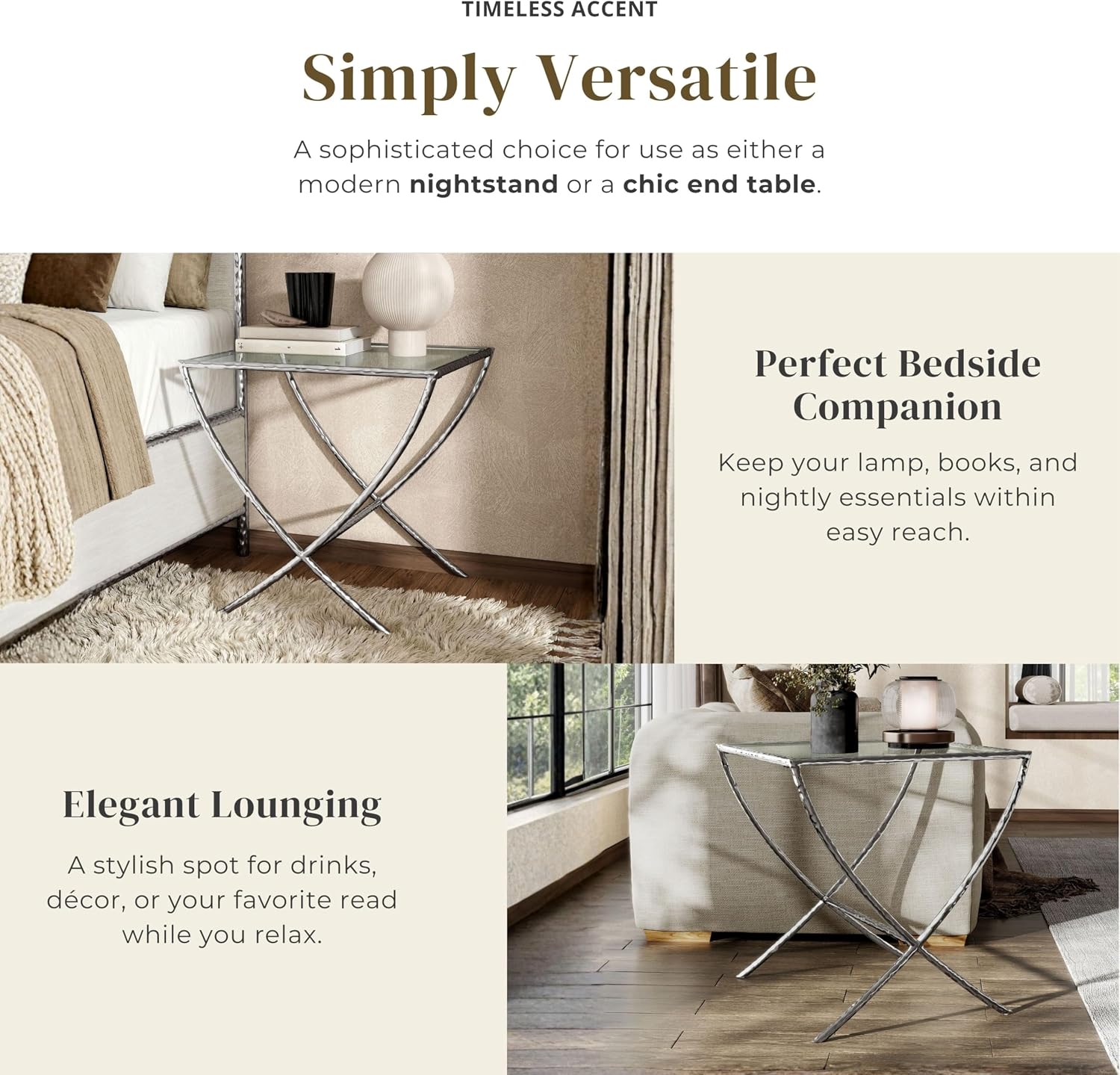 Furniture of America Zayen Glam 22-inch Metal Side Table with Tempered Glass Tabletop and Curved Base, Hammered Stainless Steel Frame for Bedroom, Living Room, Home Office, Gold