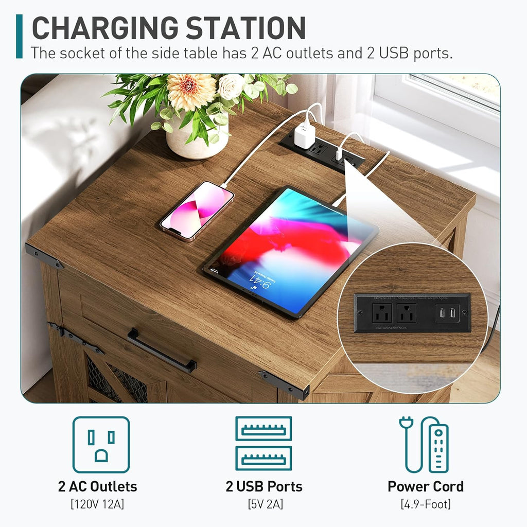 RALGEND Walnut Farmhouse End Table with Charging Station, 24" Large Sofa Side Table with Drawer, Large End Table for Living Room, Wooden Nightstand with Outlet, Square, Walnut