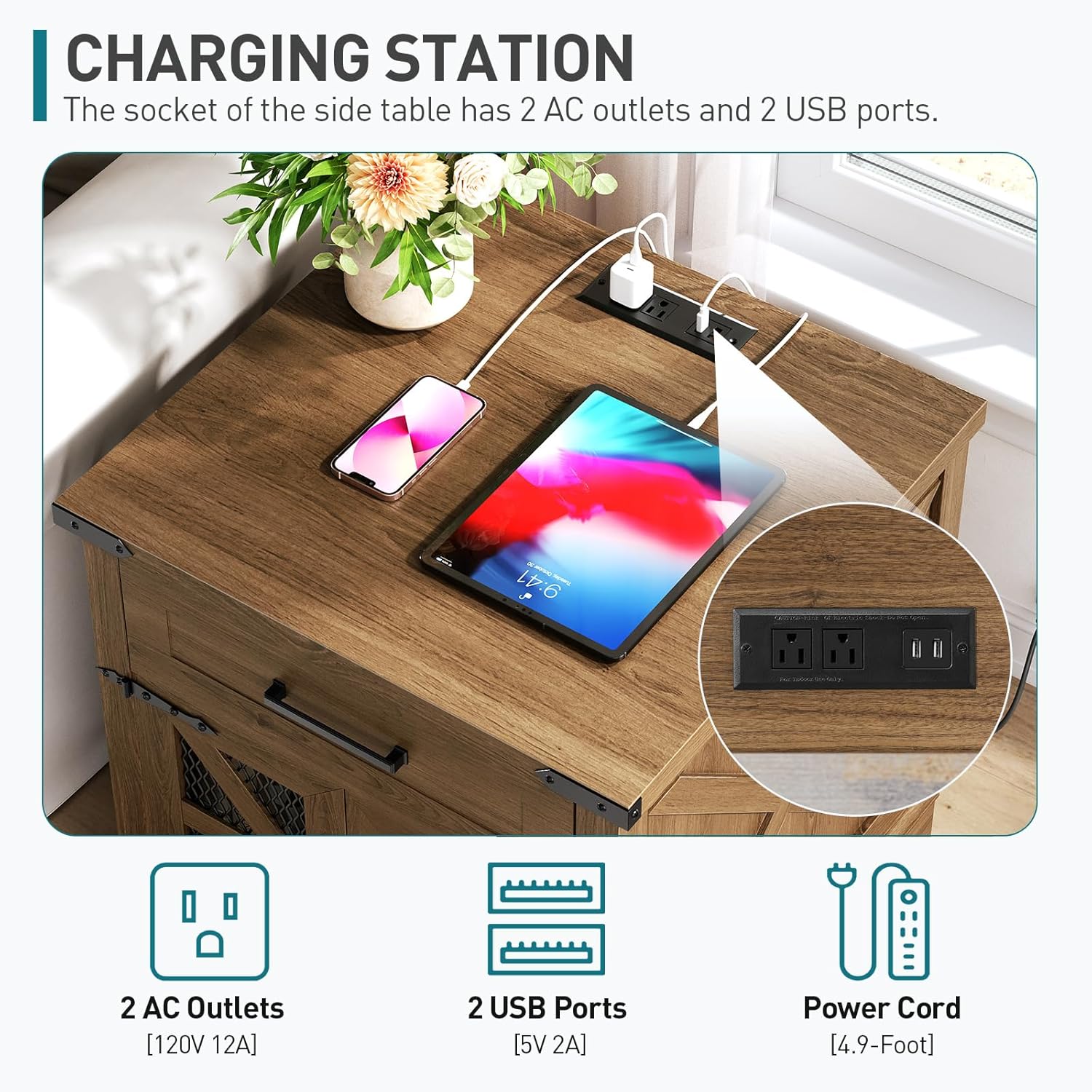RALGEND Walnut Farmhouse End Table with Charging Station, 24" Large Sofa Side Table with Drawer, Large End Table for Living Room, Wooden Nightstand with Outlet, Square, Walnut