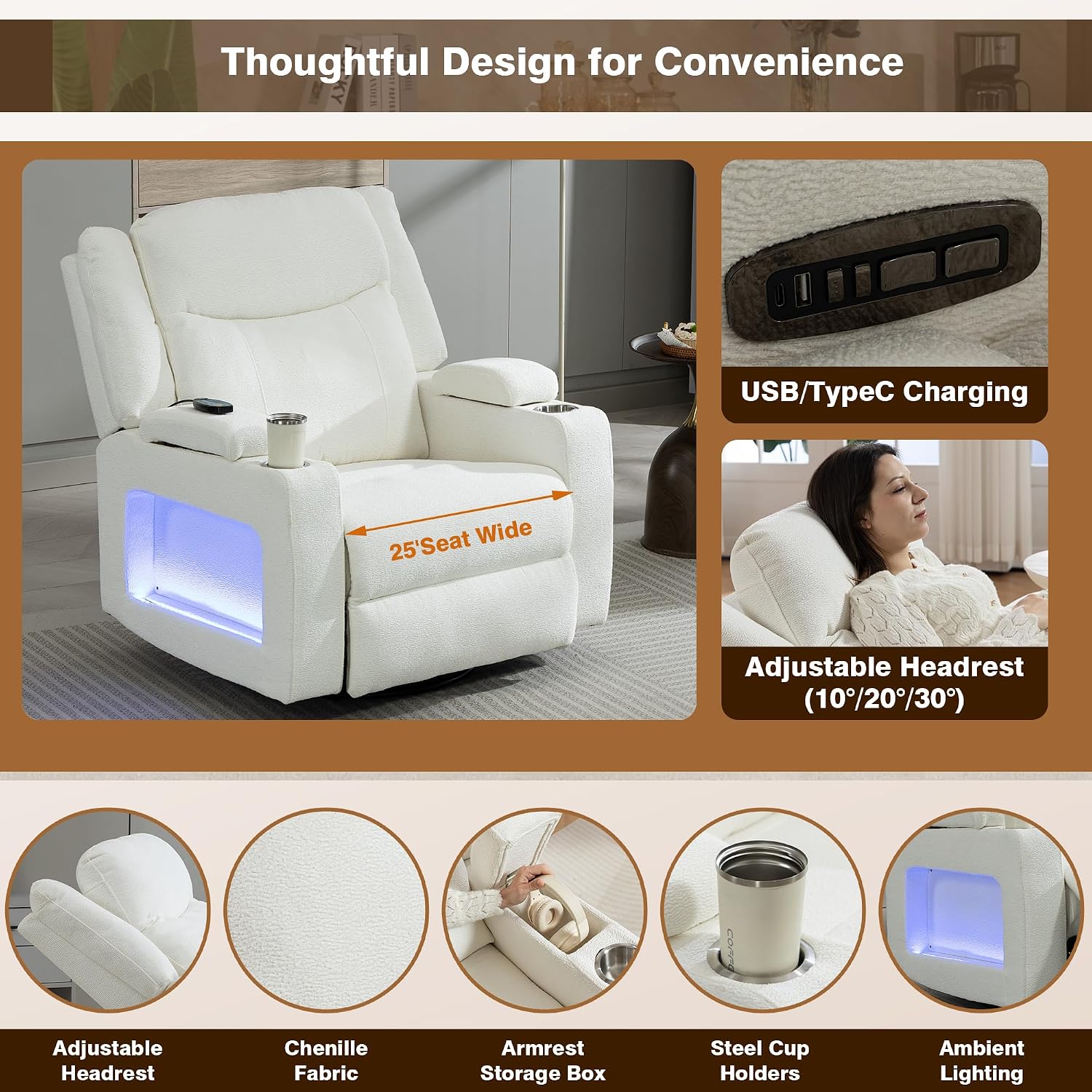 Power Swivel Rocker Recliner Chair with Heat and Massage, Adjustable Headrest, Cup Holder & Armrest Storage, Oversized Extra Wide Reclining Rocking Chairs for Nursery and Adults