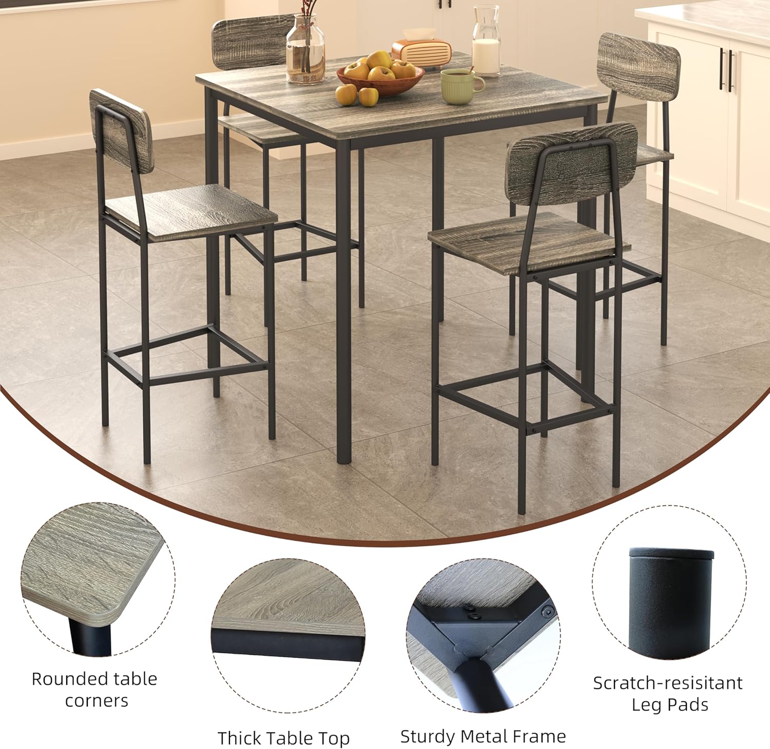 Kitchen Table and Chairs of 4, 5 Piece Dining Table Set | Sturdy Industrial Space Saving Dinette Set for Pub, Family Dinners, Apartment, Gray