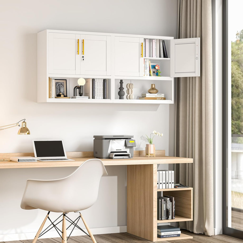 GAIOUS Metal Garage Wall Cabinet with Lock, Wall Mounted Steel Tool Cabinet with Door and Shelf, Medicine Cabinet with Open Area, Hanging Cabinet for Garage Warehouse Bathroom Kitchen, White