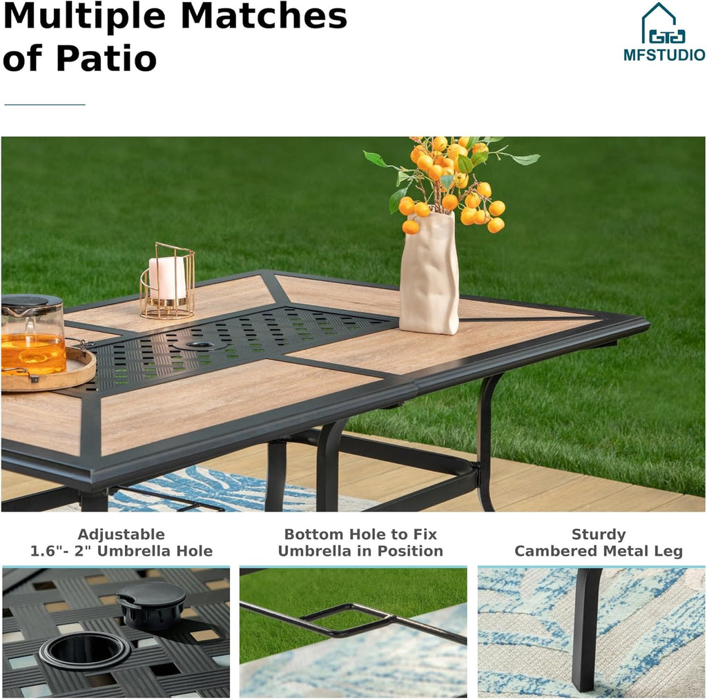 MFSTUDIO Outdoor Patio Dining Table for 6, Rectangular Patio Furniture Table with Metal Frame and Immitation Top, Adjustable Umbrella Hole