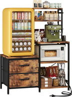 Homeiju Mini Fridge Stand Coffee Bar Cabinet with 5 Storage Shelves and 2 Large Drawers, Baker Rack with Power Outlet, Mini Fridge Shelf for Kitchen, Living Room, Office, Rustic Brown