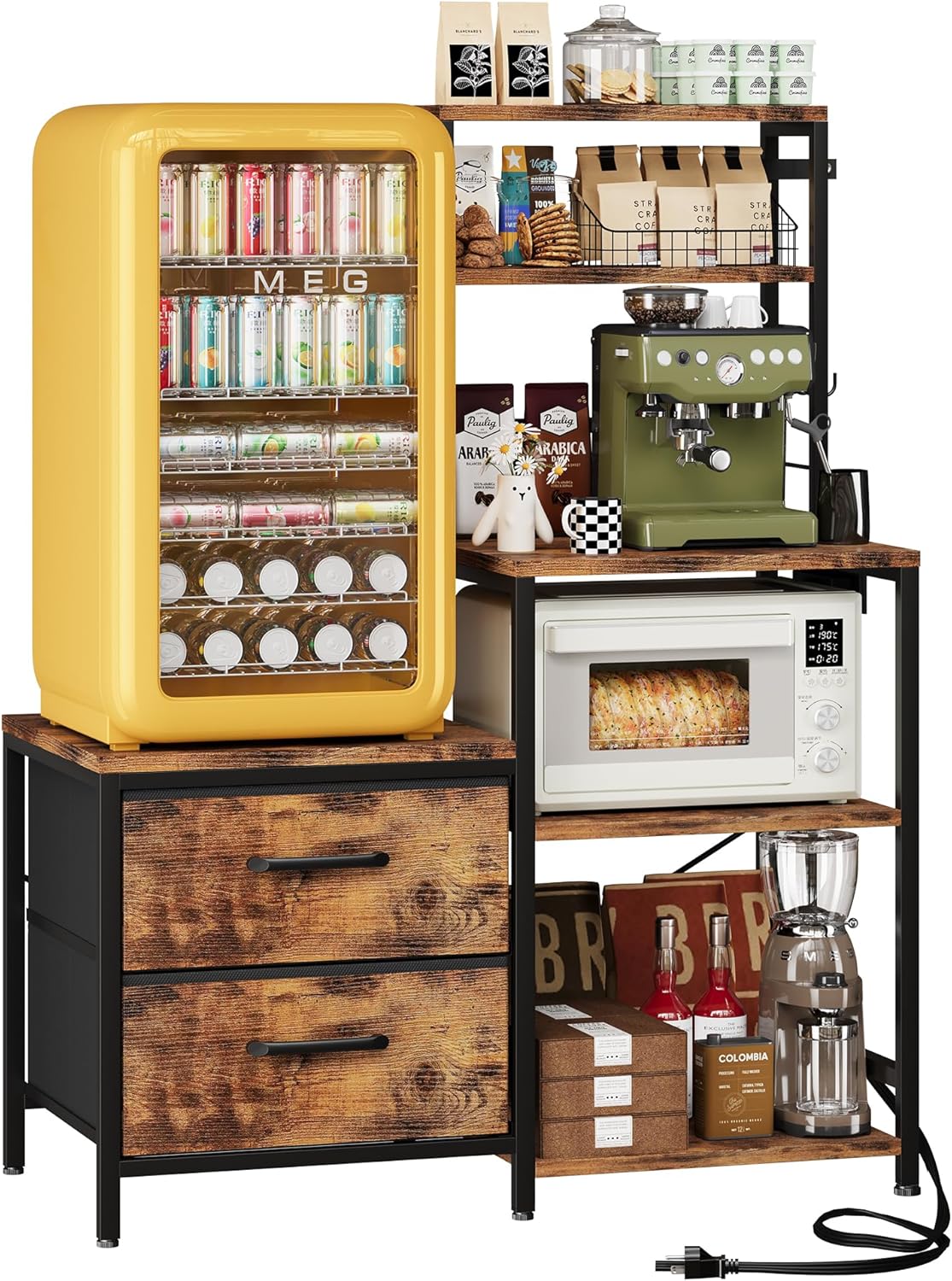 Homeiju Mini Fridge Stand Coffee Bar Cabinet with 5 Storage Shelves and 2 Large Drawers, Baker Rack with Power Outlet, Mini Fridge Shelf for Kitchen, Living Room, Office, Rustic Brown