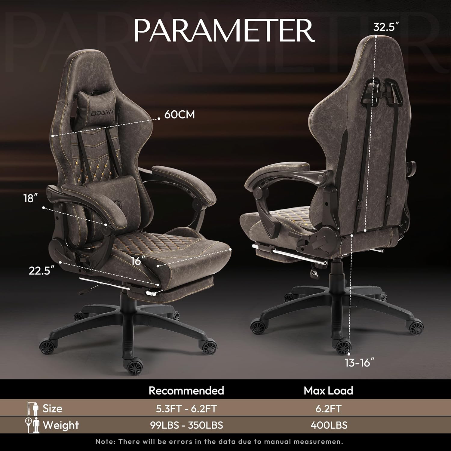 Dowinx Gaming Chair Office Chair PC Chair with Massage Lumbar Support, Vintage Style PU Leather High Back Adjustable Swivel Task Chair with Footrest (Brown)
