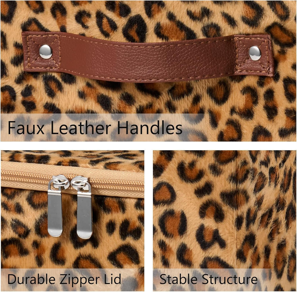 Storage Bins Boxes with Zipper Lid Leopard Print Cute Velvet Fabric Basket PU Leather Handles PP Plastic Board Foldable Washable Lidded Closet Shelf Organizer Container (Small Size)