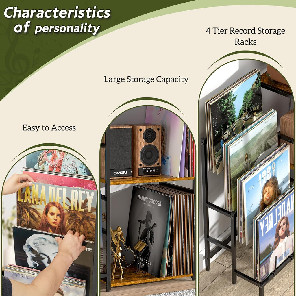 Record Player Stand, Turntable Stand with 4-Tier Vinyl Record Storage, Record Player Table Storage up to 200+ Albums, Record Player Cabinet with Vinyl Display Holder Shelf, vinyl Table for Living Room