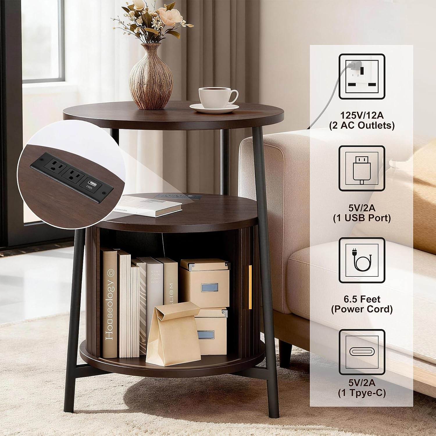 DHH Round End Tables with Charging Station, Fluted Accent Side Table with Sliding Door, Mid-Century Modern Nightstand for Small Space Storage, Living Room, Bedroom,Sofa Couch(1, Dark Walnut)