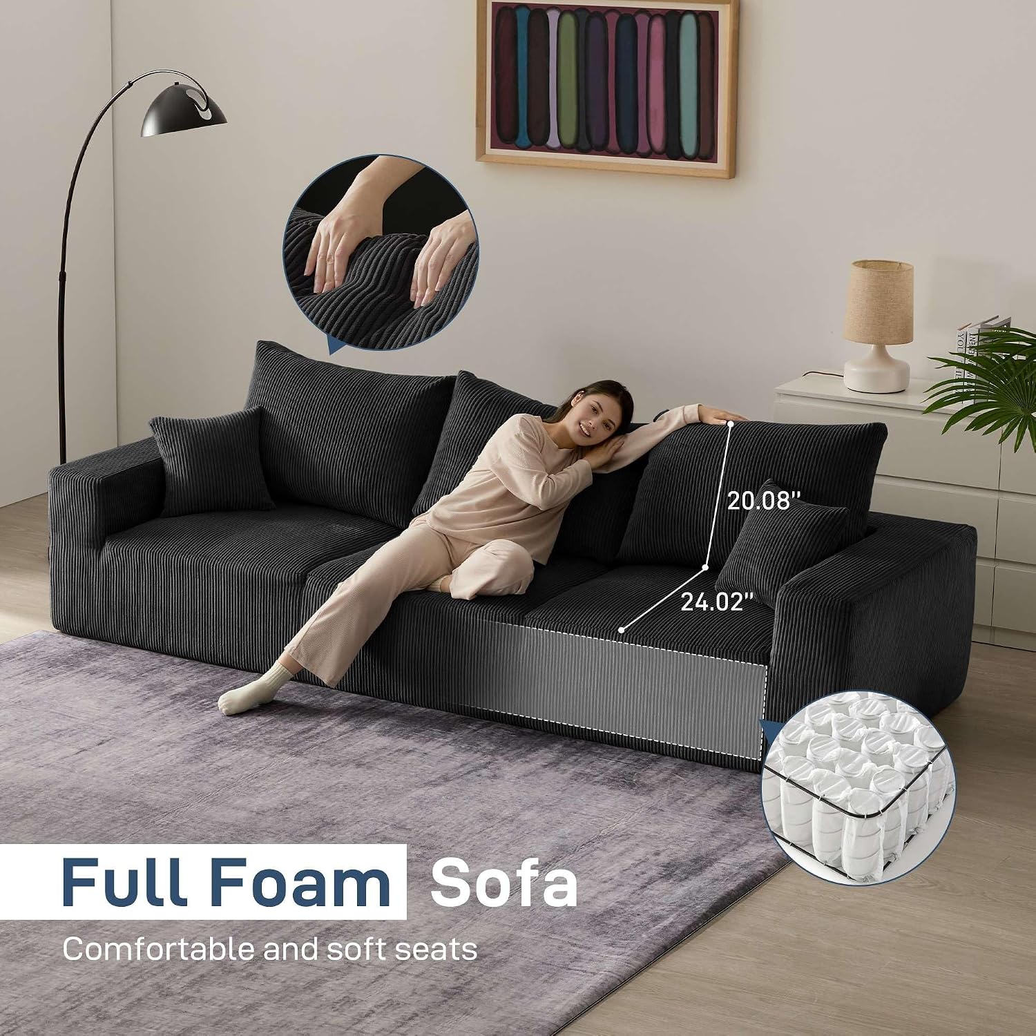 Living&Giving Boneless Couch Sectional Couch for Living Room, 113" Large Capacity Adjustable U-Shaped Modular Sofa, No Assembly Soft Corduroy Sofa Set for Bedroom, Playroom (Black)