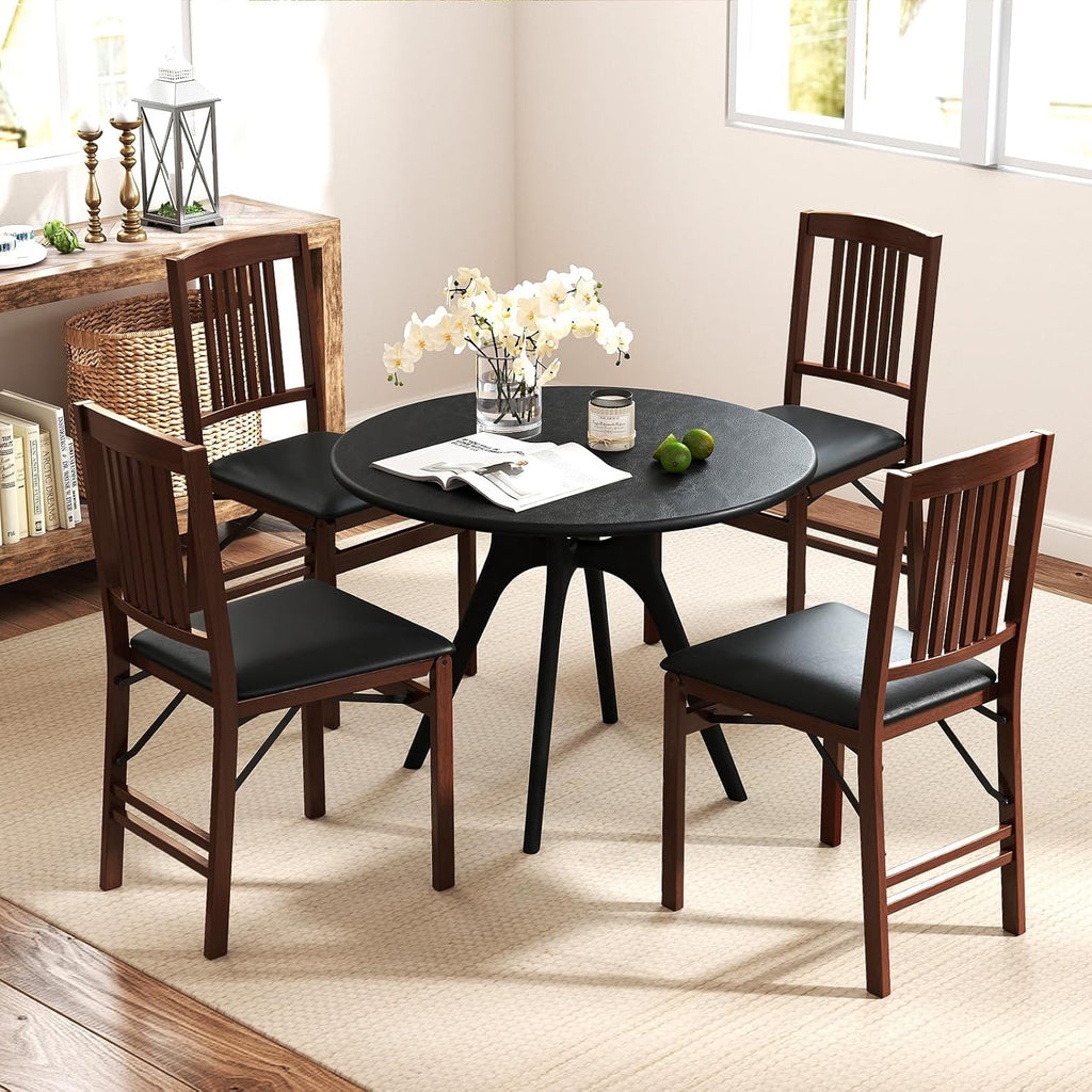 COSTWAY Folding Dining Chairs Set of 2, Wooden Kitchen Side Chairs w/Padded Seat, Solid Wood Frame, 400 LBS Load Bearing, No Assembly Needed, Vintage Foldable Chairs for Dining Room, Living Room