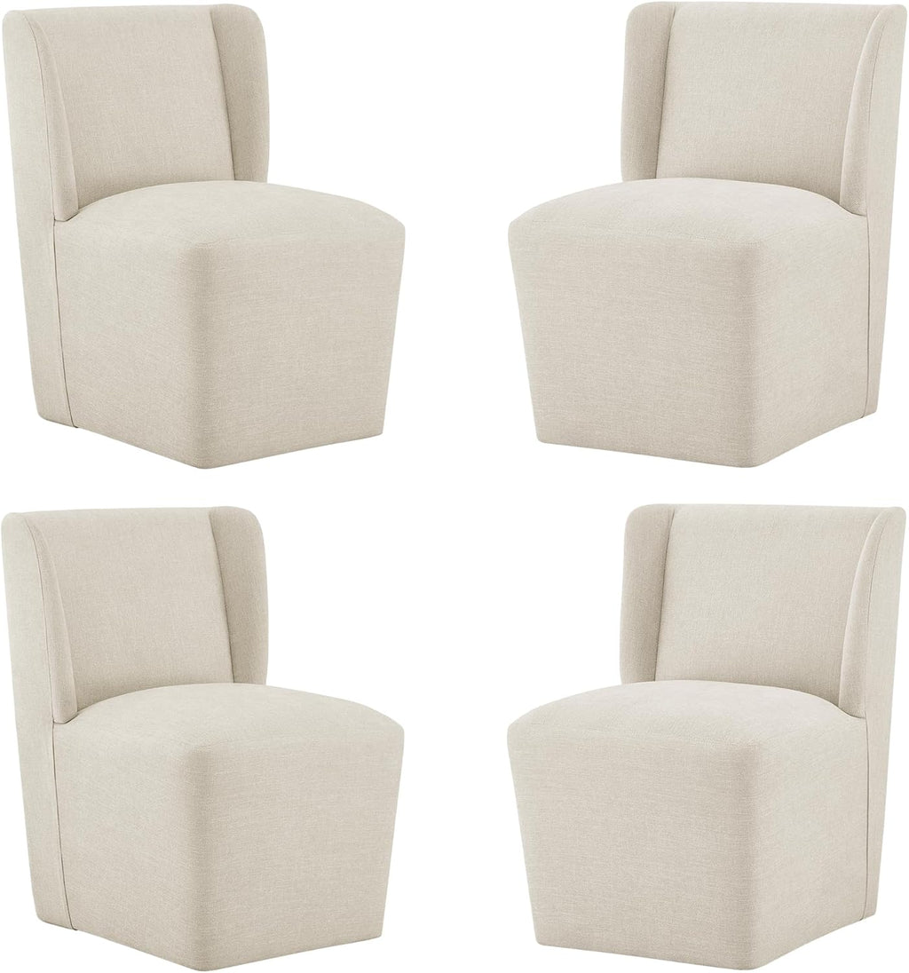 KISLOT Upholstered Dining Chairs Set of 4 with Casters, Wingback Modern Side Armless Deskchair with Rollers for Diningroom Bedroom Livingroom Reading Room, Cream Beige Fabric