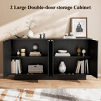 63'' Large Fluted Sideboard Buffet Cabinet, Modern Storage Cabinet with Adjustable Shelf, Console Table Wine Bar Accent Credenza with 4 Doors for Dining Room, Living Room, Hallway(Black)