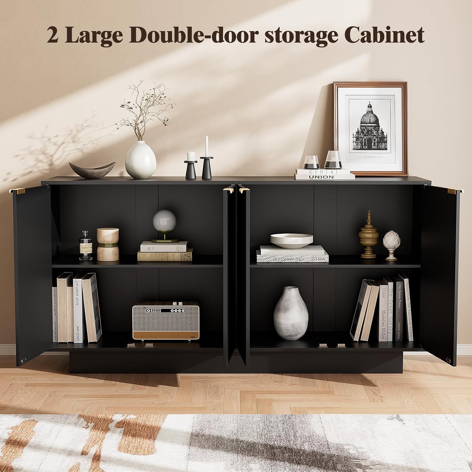63'' Large Fluted Sideboard Buffet Cabinet, Modern Storage Cabinet with Adjustable Shelf, Console Table Wine Bar Accent Credenza with 4 Doors for Dining Room, Living Room, Hallway(Black)
